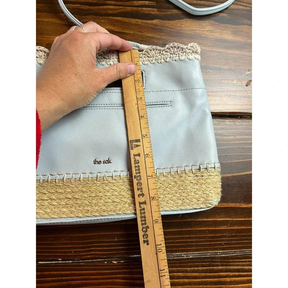 The Sak Bag, Hand Crochet Linden Chambray Light Blue Crossbody Clutch Scalloped